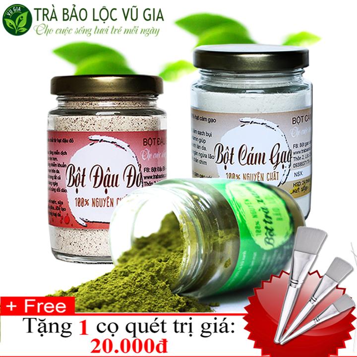 Combo Bột Trà Xanh + Bột Đậu Đỏ + Bột Cám Gạo - Nguyên Chất Vũ Gia 100g + Tặng Cọ Quét - Xòa mờ nám tàn nhang, vết thâm lâu ngày