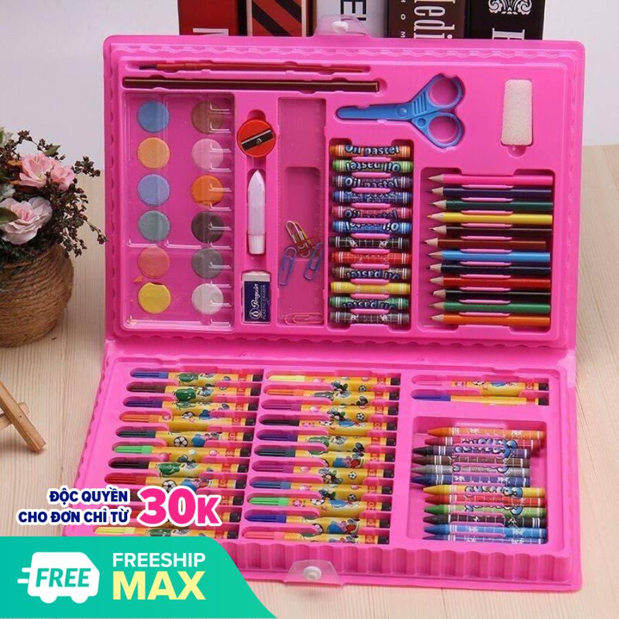 [Quà tặng con yêu] Hộp bút màu loại tốt cho bé tập tô, tập vẽ gồm có 86 chi tiết đủ món bút tô, bút chì, bút sáp, phấn màu kèm theo tẩy, gọt, bút lông, ghim, thước kẻ, bảng nhựa pha màu, kéo, hồ dán gọn gàng, tiện lợi