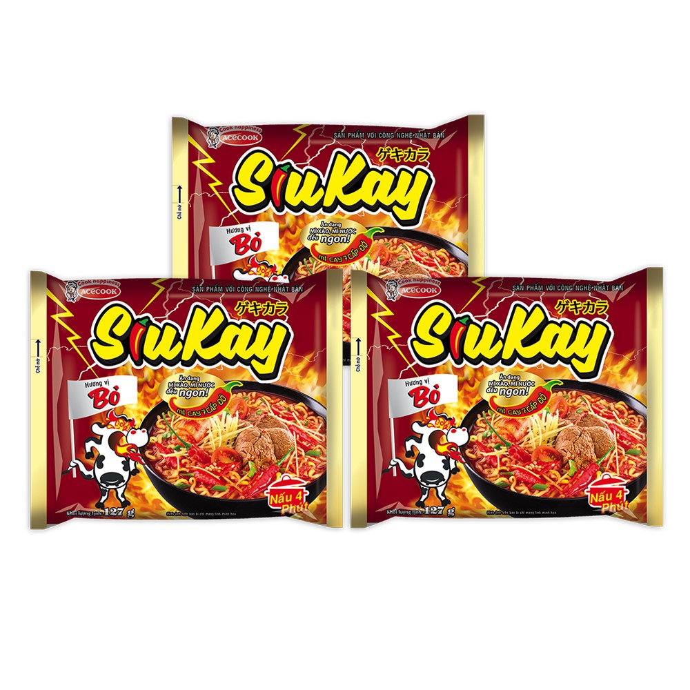Combo 3 gói mì Siukay vị Bò cay 7 cấp độ Acecook