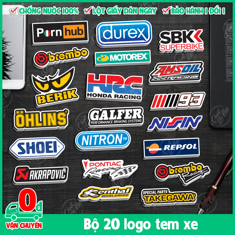 Combo 20 logo decal tem xe chống nước sticker porn hub brembo durex motorex sbk amsoil berik hec galfer nitron shoei ohlins akrapovic takegawa repsol pontiac renthal