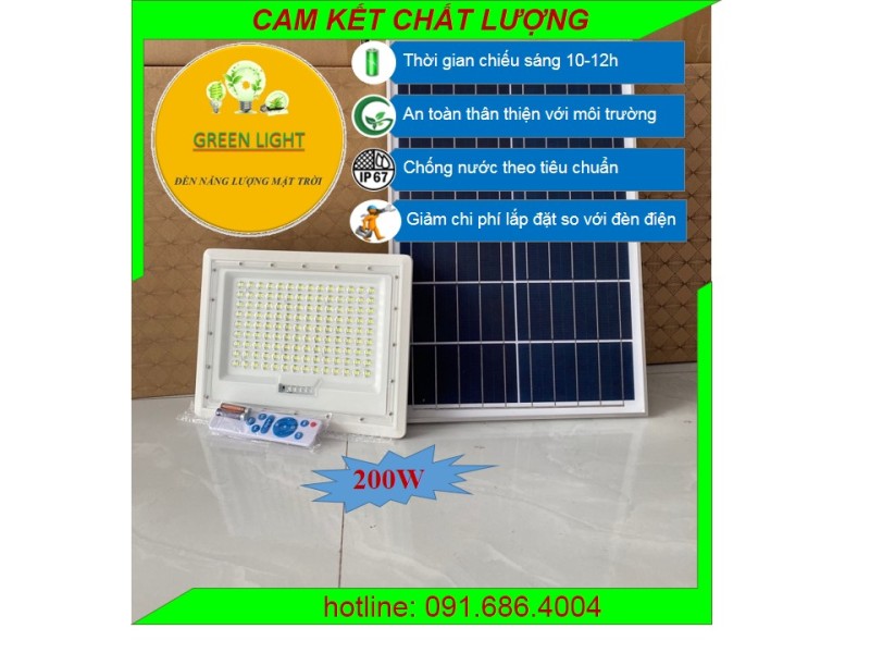 Đèn năng lượng mặt trời ánh sáng cao, có báo sạc 200w(Green Light), vỏ nhôm chống nước,thấu kính lồi, thời gian sáng kéo dài 8-12h,có chế độ tiết kiệm pin khi đèn còn 2 vạch báo, bh 24 tháng, 1 đổi 1 trong tháng đầu