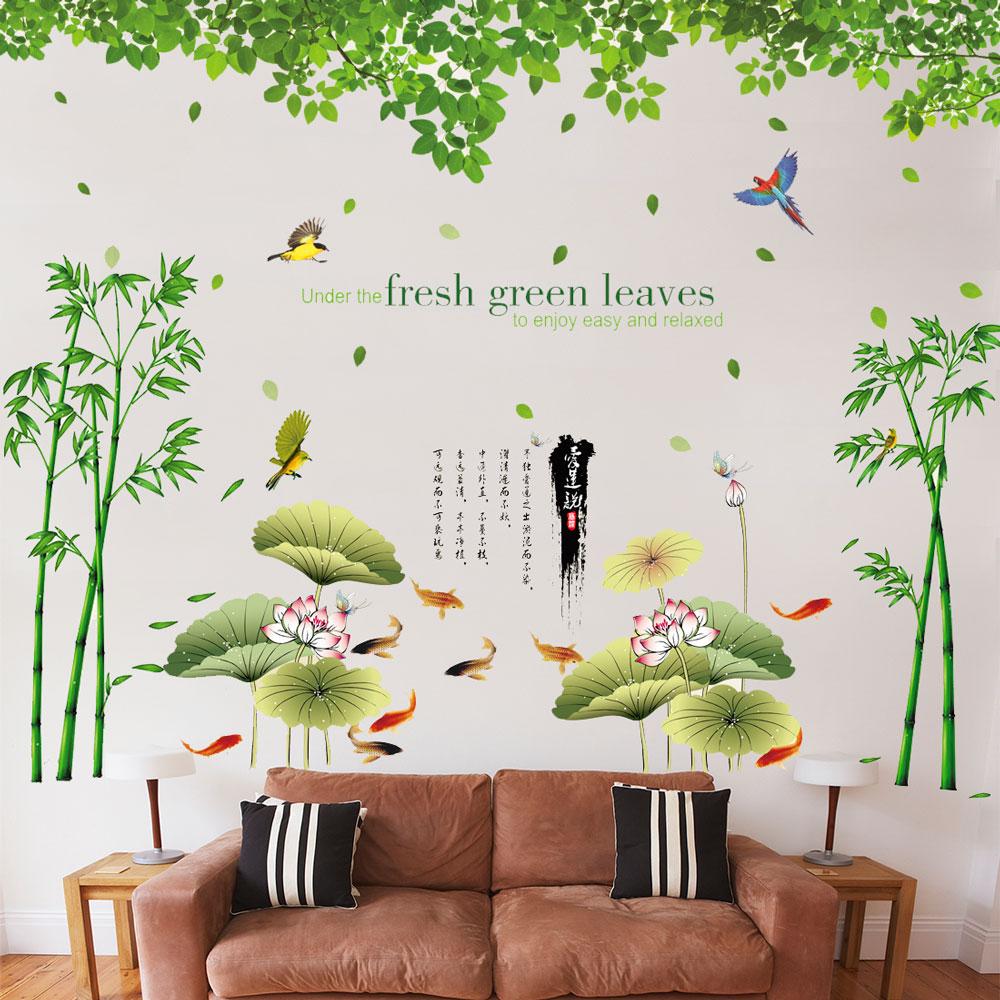 Sticker Tranh Dán Tường, Decal dán tường kết hợp Lá xanh - Bụi Tre và  Sen AM9104+0779C+XY1097AB