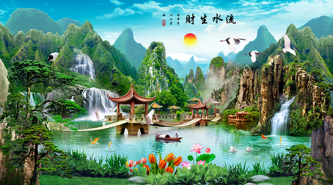 Tranh dán tường Cảnh Sơn Thủy trang trí bàn thờ nhiều kích thước CanhTho005