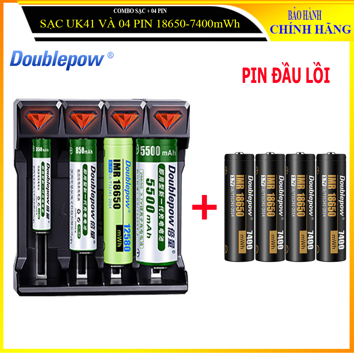 Combo Sạc Pin Lithium 3,7V thông minh Doublepow UK41 kèm 04 viên pin 18650 7400mWh