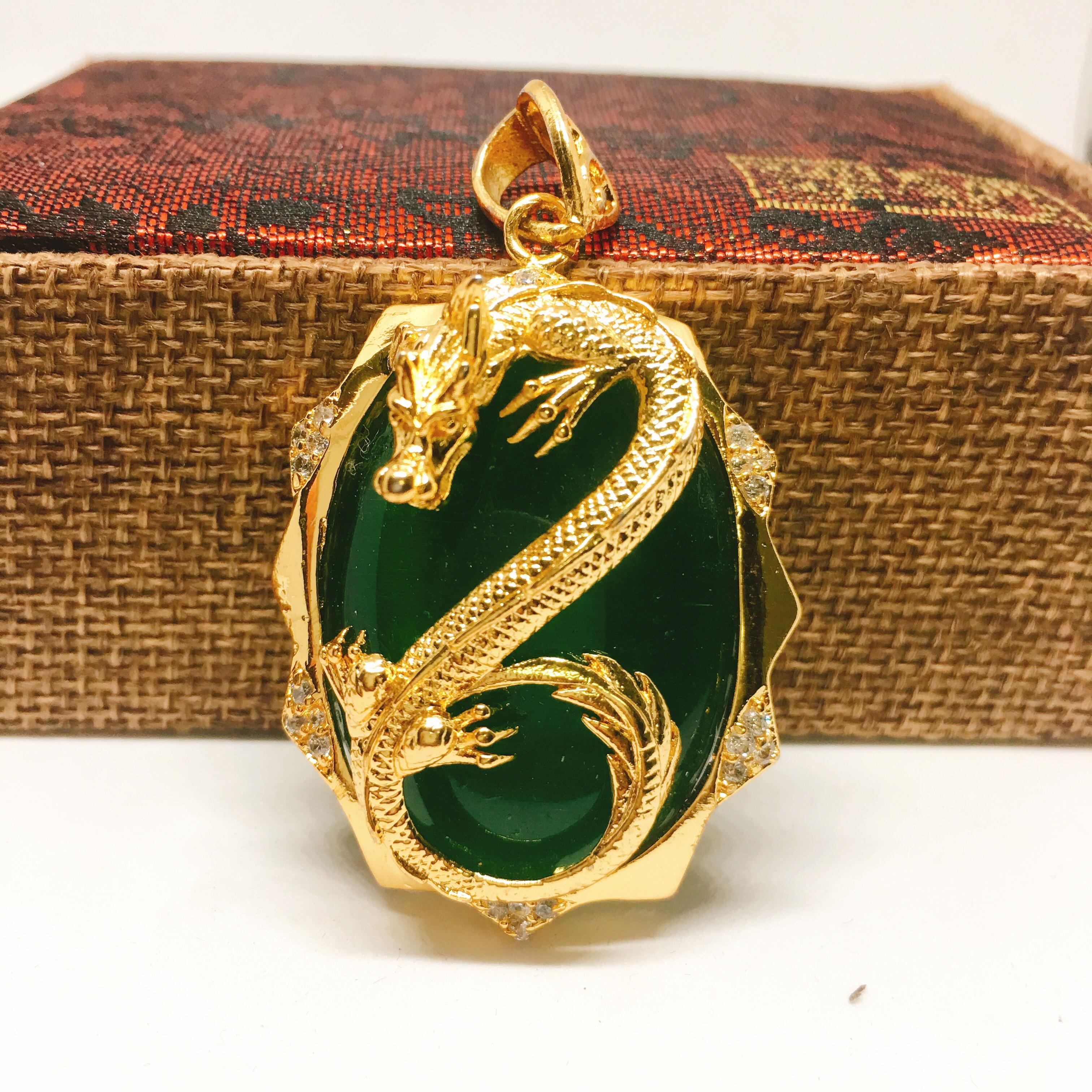 Mặt dây chuyền bạc Thái mạ vàng Thiên Long đá xanh, mặt vòng cổ phong thủy, mặt dây chuyền vàng ( màu vàng)