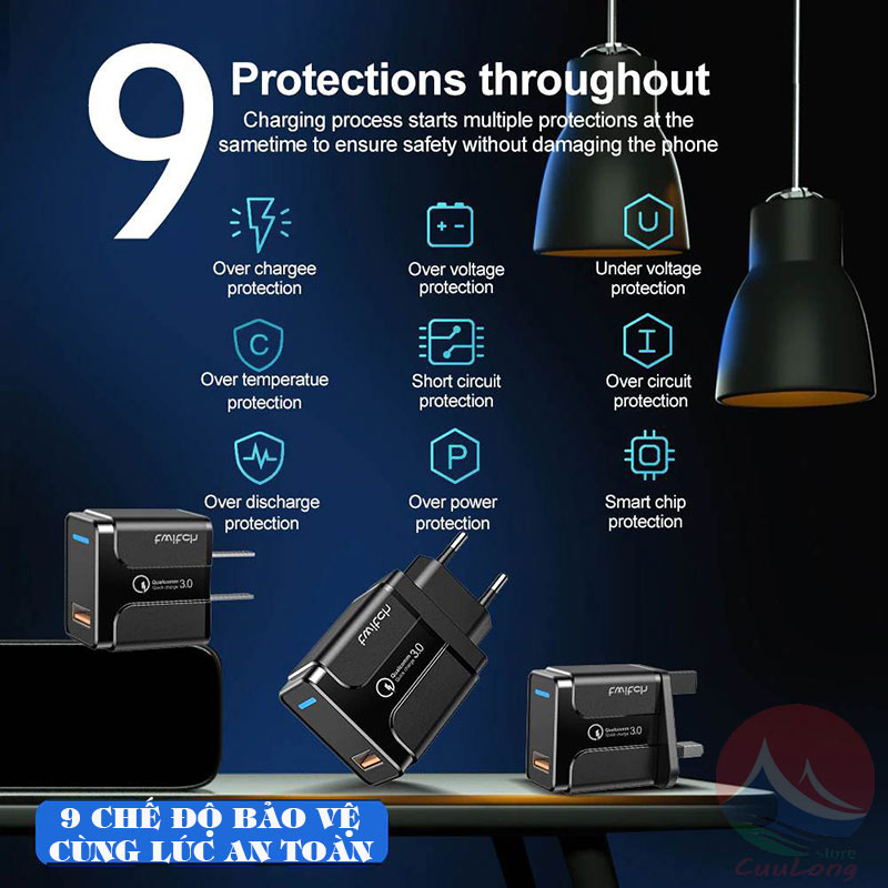 Cốc Sạc Nhanh Quick Charge 3.0 cổng USB đèn led sạc nhanh 18W Samsung bộ sạc pin điện thoại Xiaomi Oppo iPhone