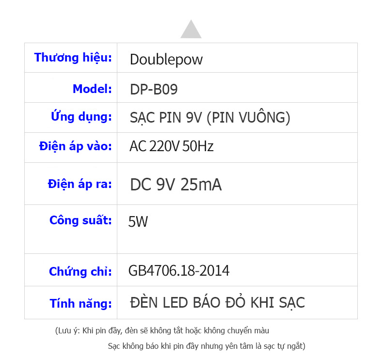 Bộ sạc pin 9V (pin vuông) Doublepow DP-B09