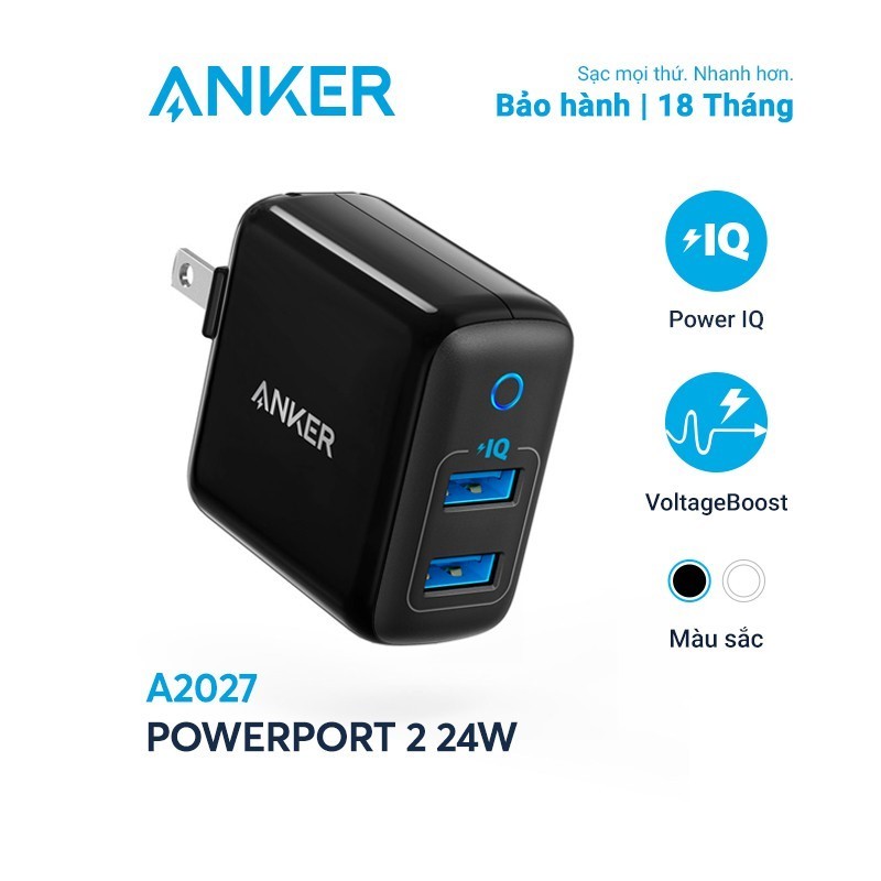Sạc ANKER PowerPort II 2 cổng PowerIQ 24W - A2027 - Hàng Chính hãng - Củ sạc iphone