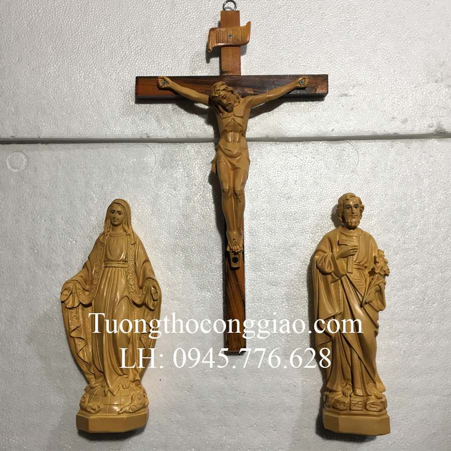 Bộ tượng Bàn thờ Công Giáo 30cm sơn màu gỗ Thánh Giá 45cm