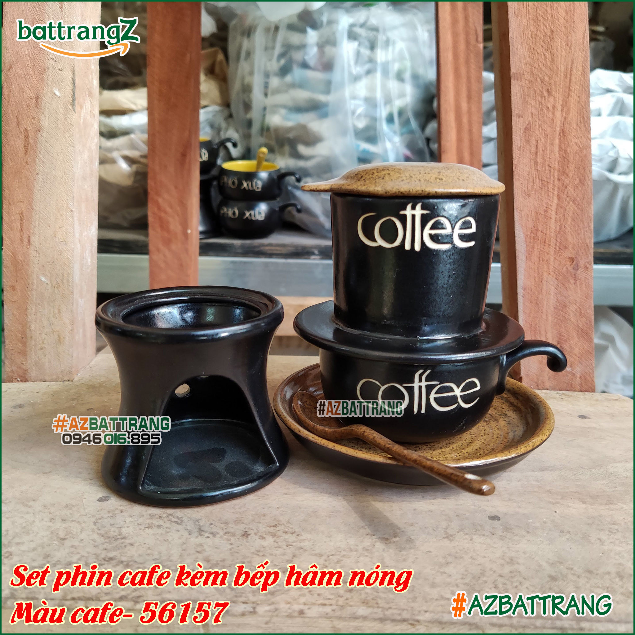 Combo Phin cafe sứ kèm bếp hâm nóng cafe men gốm Bát Tràng