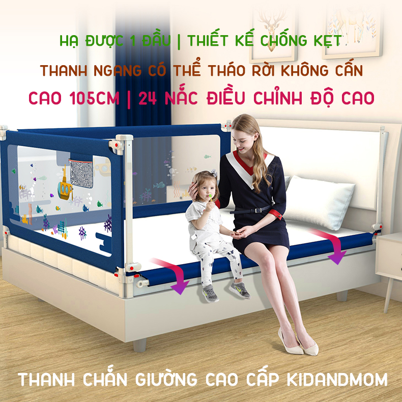 Thanh chắn giường cho bé cao cấp KidAndMom BR02 cao 105cm chống kẹt 24 nắc