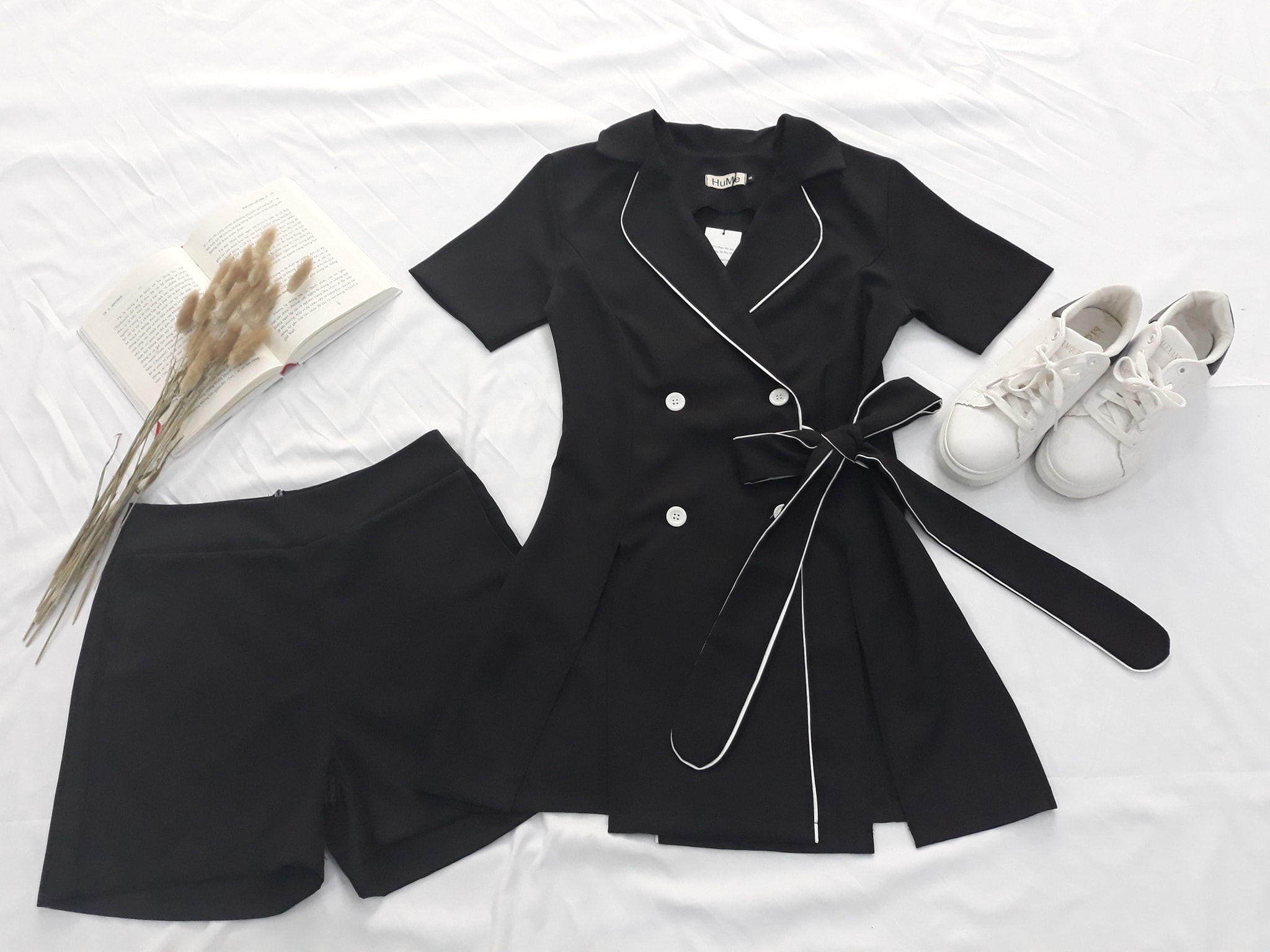 Set đầm công sở cổ vest có nơ thắt eo