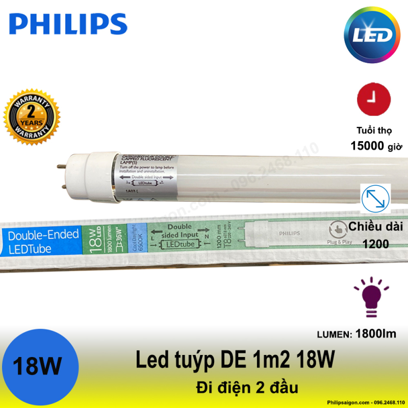 (Bộ 5) bóng Led tuýp Philips DE 1m2 18W - điện đi 2 đầu, sử dụng dòng điện trực tiếp, tiết kiệm điện đến 55% - 24 tháng