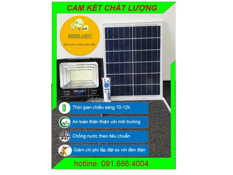 Đèn năng lượng mặt trời 100w có đèn báo sạc (Green Light), vỏ nhôm chống nước IP67, thời gian sáng kéo dài trên 10-12h, bh 12 tháng, 1 đổi 1 trong tháng đầu