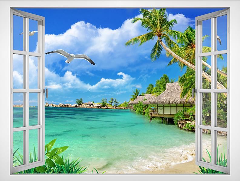 Decal trang trí cửa sổ cảnh biển đẹp trang trí phòng khách VTC VT0428