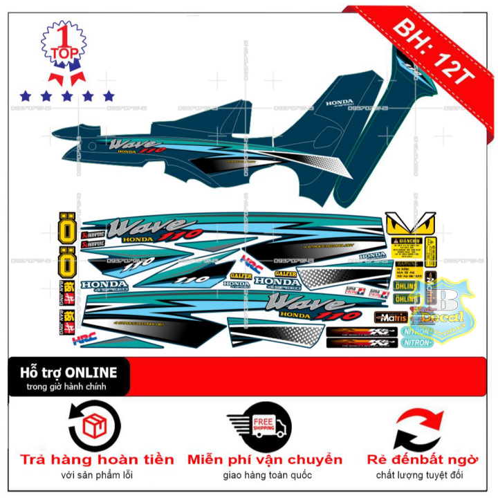 Tem rời wave nhỏ đời đầu dán xe xanh nhớt