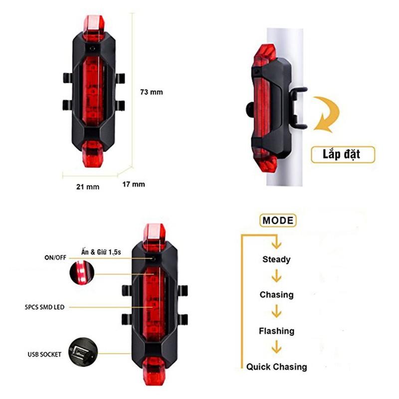 Đèn 5 led cảnh báo xe đạp màu đỏ