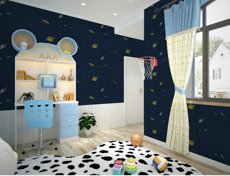 Cuộn giấy dán tường phòng ngủ 20m x 0.45 m vũ trụ xanh keo sẵn bóc dán a105a