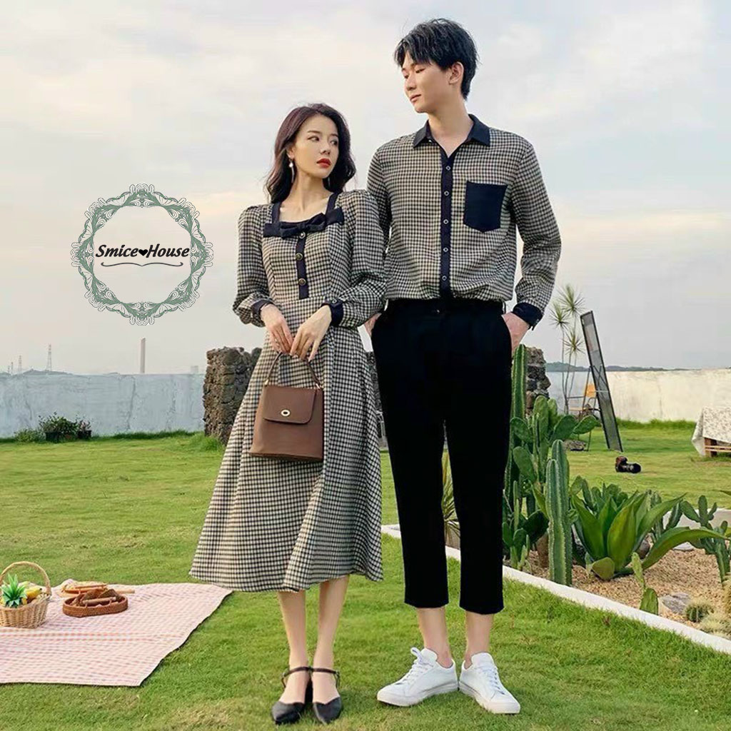 [HCM]Set váy đầm đôi sơ mi sọc caro đi biển chụp hình cưới phong cách Hàn Quốc váy đầm dài