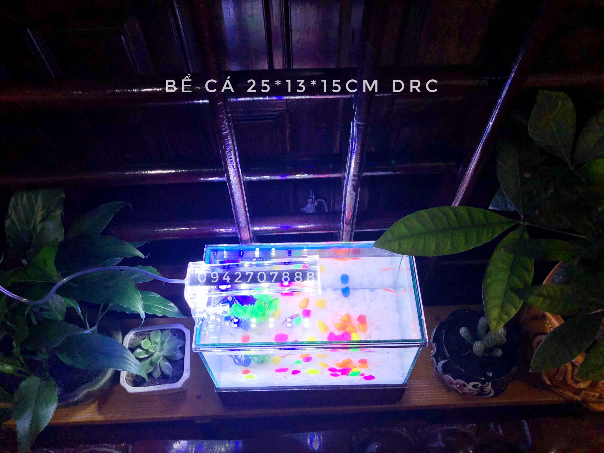 Set bể cá mini viền gương 25x13x15cm + đèn led 4w ( tặng đồ trang trí và đồ ăn cá)