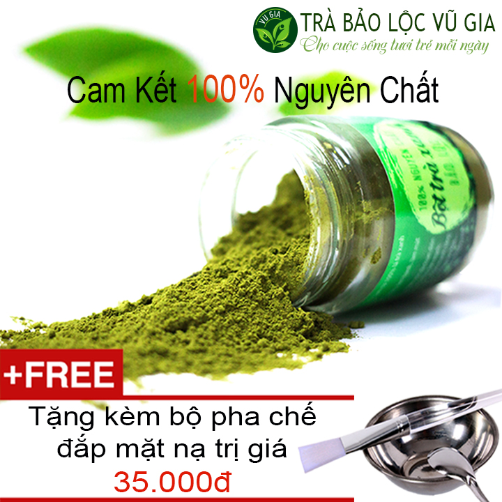 Bột Trà Xanh Nguyên Chất Bảo Lộc Vũ Gia ( 100g/ hũ) - Tặng Bộ Pha Chế Đắp Mặt Nạ Inox -  Đắp mặt sạch mụn, hết thâm nám tàn nhan, tắm trắng - Đã được kiểm nghiệm y tế