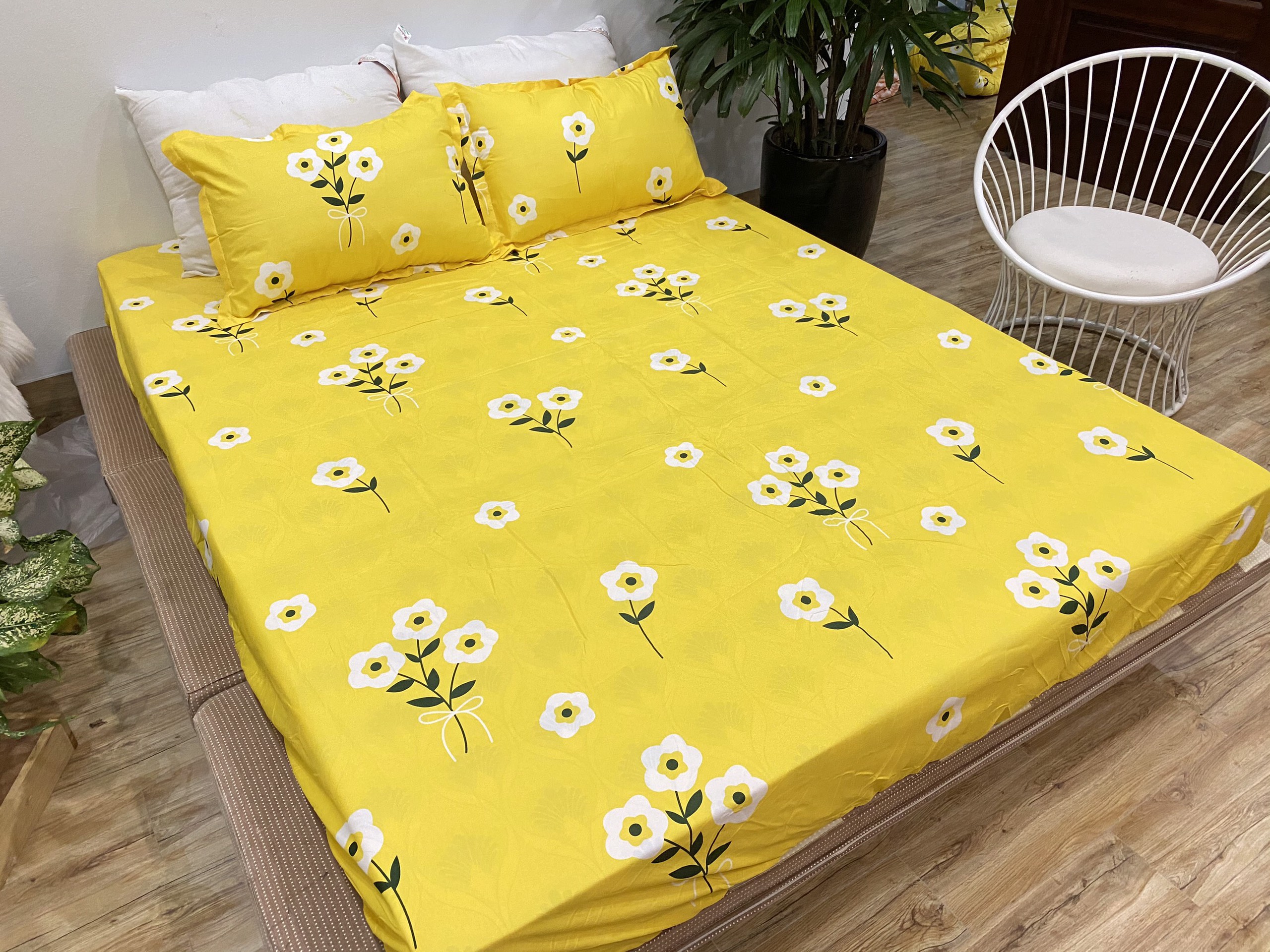 Bộ ga gối 3 món mẫu hoa cúc đơn vàng,gồm 1 ga 2 vỏ gối nằm