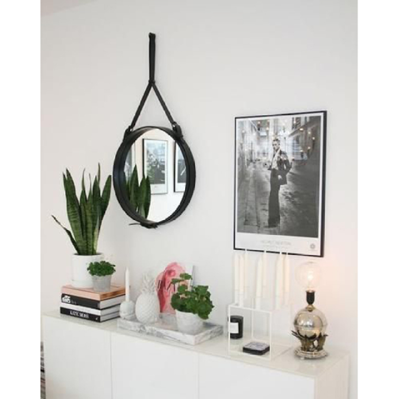 Gương treo tường D60 - Gương tròn treo tường dây da simili đường kính 60cm, gương trang điểm treo tường phong cách hiện đại