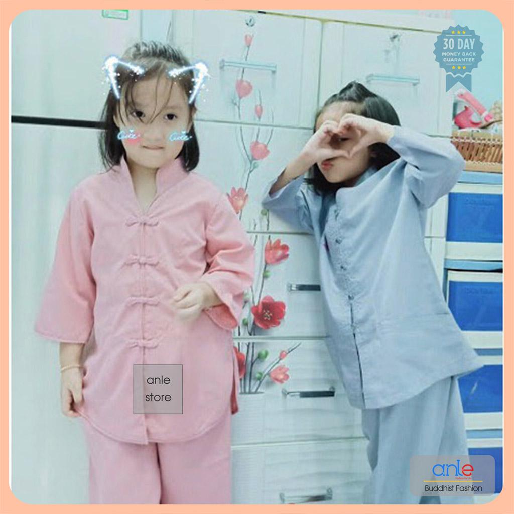 Đồ lam đi chùa BỘ CỔ TÀU TRẺ EM - Quần áo lam Phật tử đi chùa cho bé gái - Bộ đồ đi chùa Bé Gái Vải Kate Cotton Thoáng mát - - BCTK1AN - Anle Store