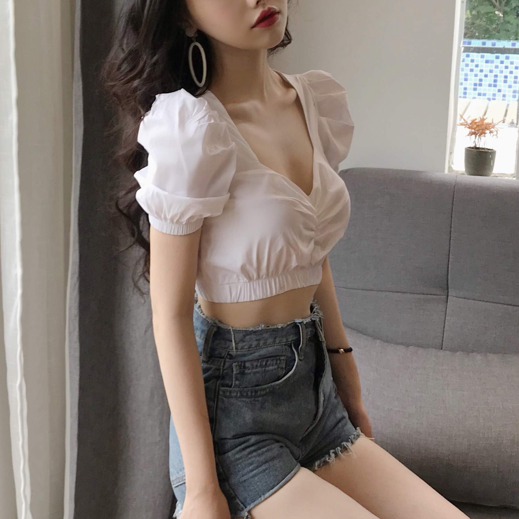 Áo kiểu nữ croptop nhún ngực, bo thun, thời trang hàn quốc