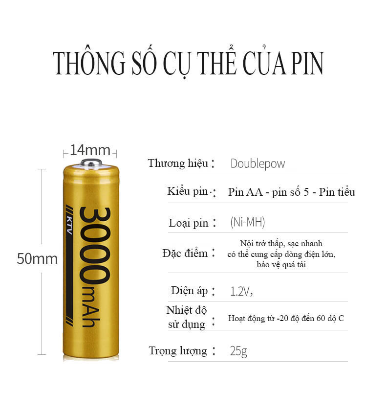 [Hộp 4 viên] Pin sạc AA 3000mAh Doublepow - chuyên dùng Micro, KTV- (màu vàng)