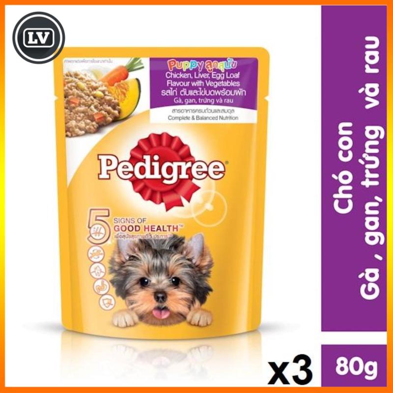 Bộ 3 túi thức ăn chó con dạng sốt Pedigree vị gà, gan, trứng và rau 80g