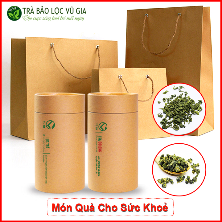 Combo hộp trà oolong nguyên chất bảo lộc vũ gia 200g + hộp lục trà nguyên chất vũ gia 100g