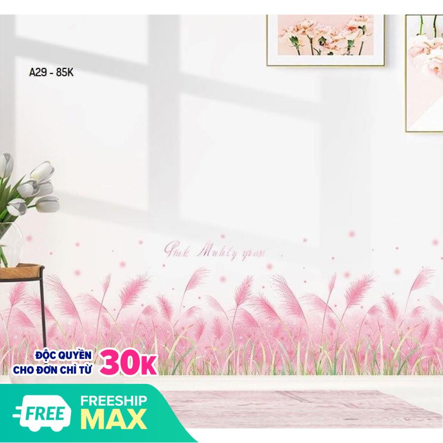 [HCM]DECAL DÁN CHÂN TƯỜNG HOA CỎ LAU HỒNG