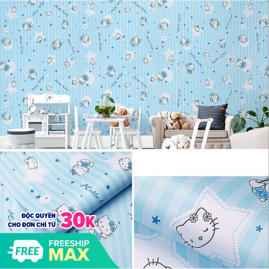 Cuộn 5m x 0.45m decal giấy dán tường kitty sọc xanh keo sẵn bóc dán a079
