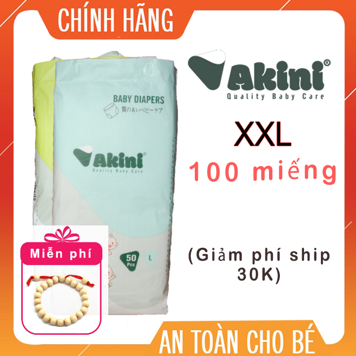 [Giảm 30K vận chuyển + quà] Combo 100 miếng bỉm quần Akini cho bé đủ size - mỏng mềm (tặng 2 miếng + vòng dâu tằm cho bé)