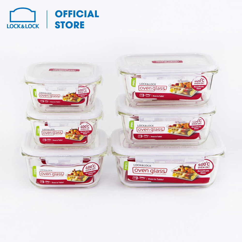 [Duy nhất 23.8 - Mua ngay] LLG225S6 - Bộ 6 hộp thủy tinh bảo quản thực phẩm Lock&Lock Euro (LLG214x2 LLG225x1 LLG429x2 LLG447x1), nắp 4 khóa kín hơi