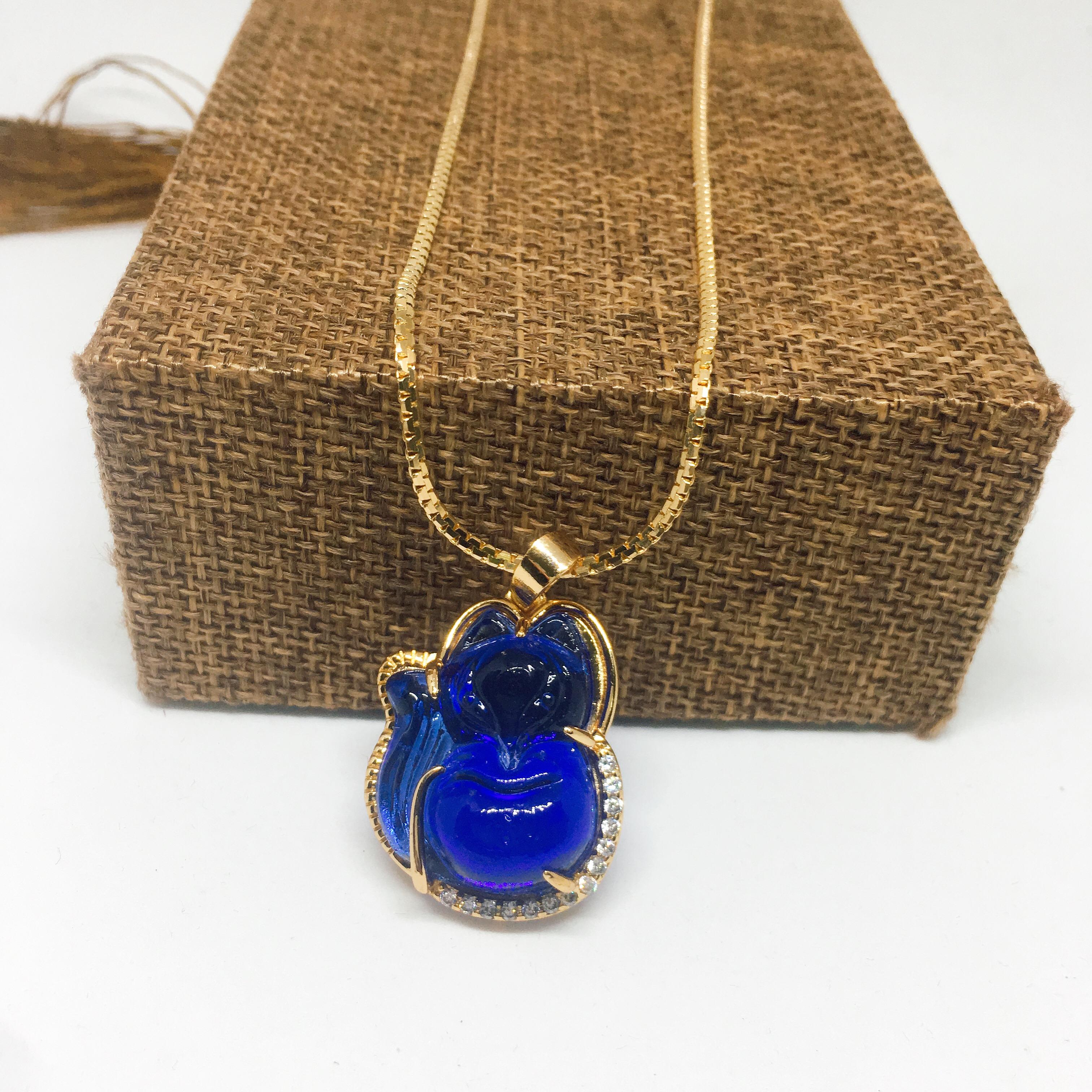 Nữ trang cao cấp Dây chuyền nữ mặt Hồ Ly đá LAMASIA bọc bạc Thái mạ vàng đính đá, trang sức phong thủy, may mắn, tài lộc, trang sức cao cấp (dây và mặt) (màu xanh dương)