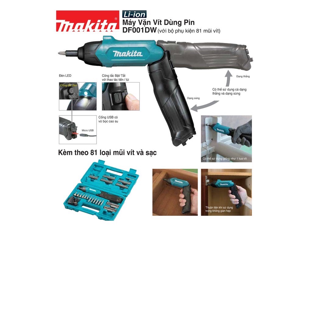 Máy vặn vít dùng pin DF001DW Makita 3.6V