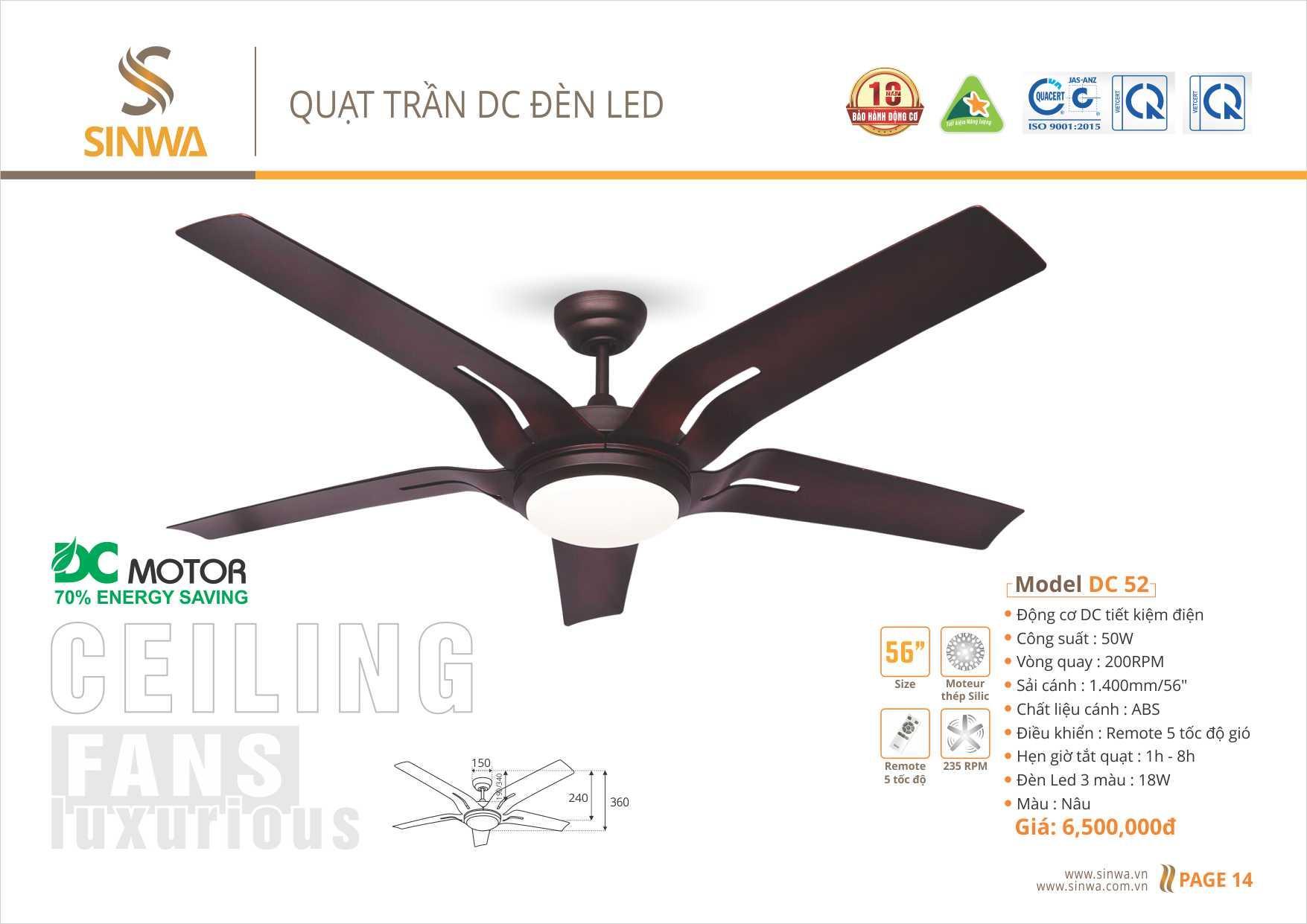 QUẠT TRẦN DC ĐÈN LED SINWA DC52 (Hàng chính hãng)