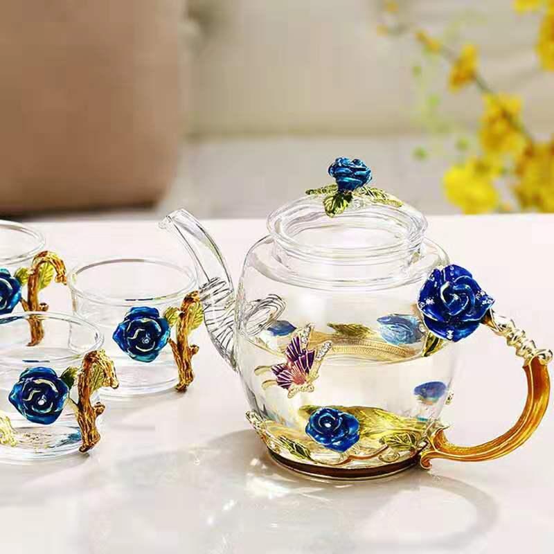 Hộp quà bộ ấm chén thủy tinh enamel HOA HỒNG 2 mẫu- SONG NGƯ HOA THẢO TRÀ