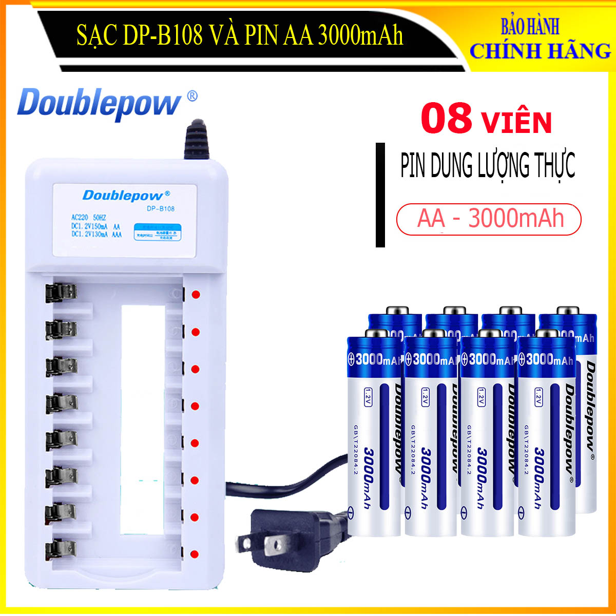 Combo Bộ sạc pin đa năng AA AAA DP-B108  và Hộp 8 viên pin AA 3000mAh (Pin 3000 xanh) Doublepow - Chất lượng cao