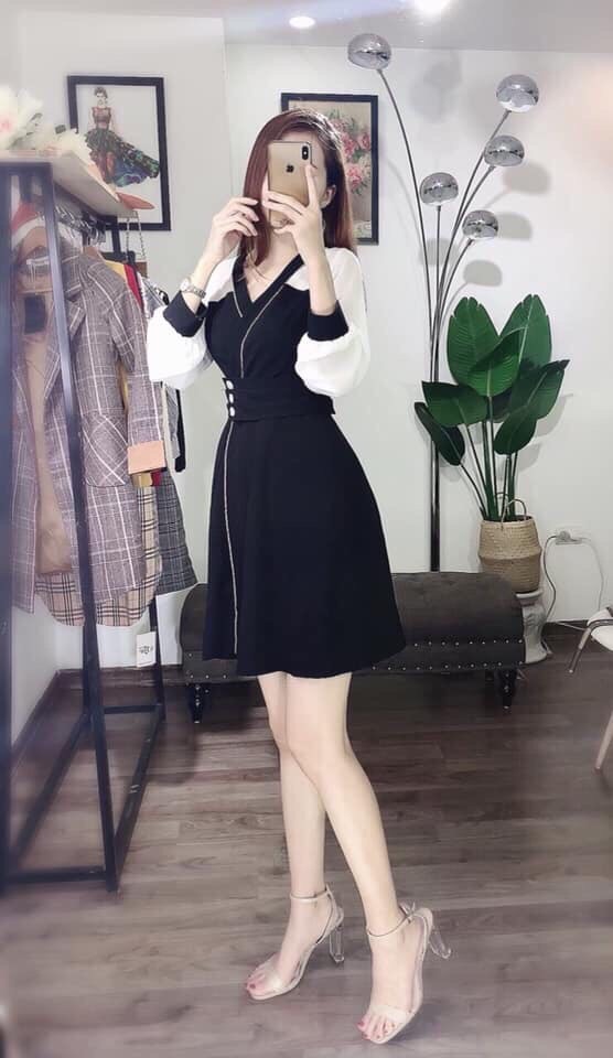 ĐẦM XÒE ĐEN PHỐI TAY TRẮNG NHẸ NHÀNG