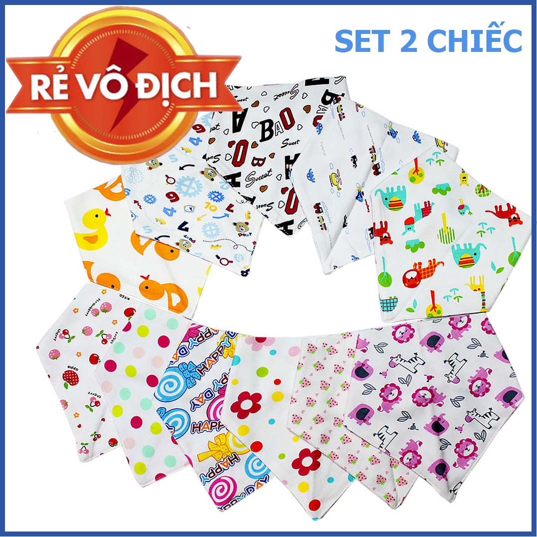 Khăn yếm tam giác cho bé cotton 2 lớp có nút bấm tiện lợi, yếm quàng cổ - Set 2 chiếc