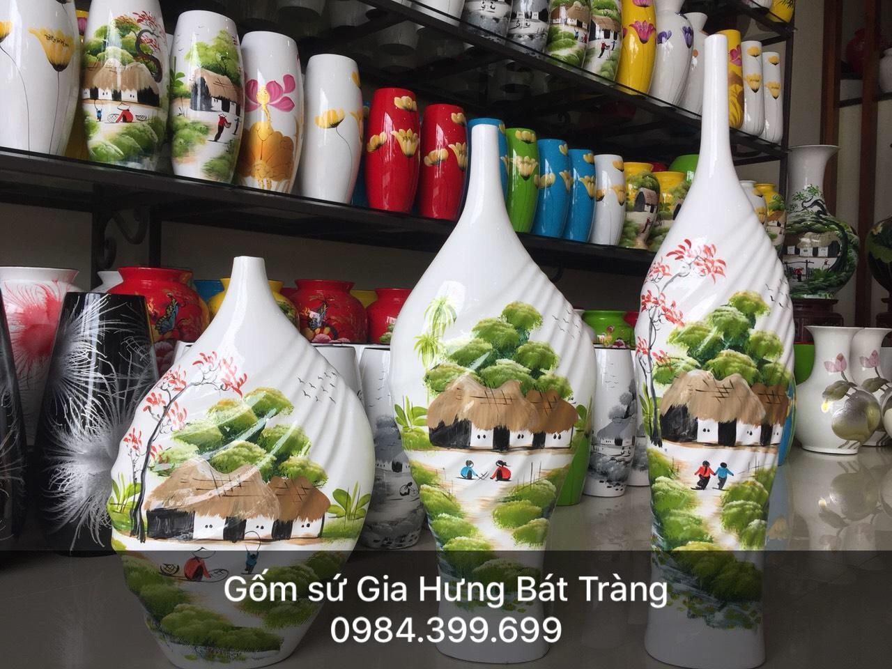 Bộ 3 Bình hoa gốm Gia Hưng Bát Tràng vẽ cảnh đồng quê