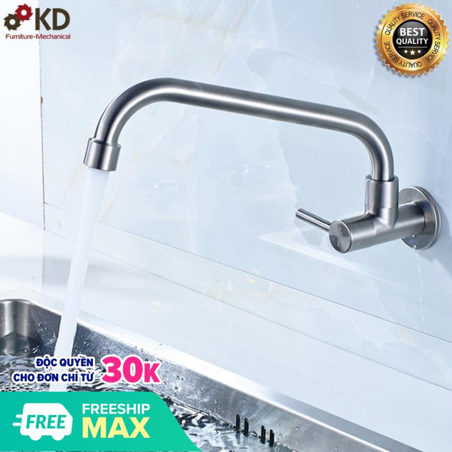 [BẢO HÀNH 2 NĂM] Vòi rửa chén bát gắn tường FUSHI inox 304 dáng thẳng cách tường 26 cm, Phi21- Gạt xoay 360 độ -Bảo hành 02 năm toàn quốc (Trắng bạc)