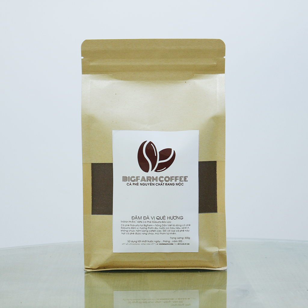 Cà phê mộc rang xay nguyên chất BIGFARM COFFEE 100% Robusta giống ngon, rang vừa, Dạng bột dùng pha phin 500g