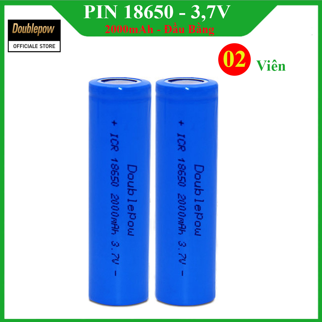 [02 viên] Pin 18650 - 3,7V sạc lại Doublepow - 2000mAh đầu bằng Doublepow, pin dung lượng thực - Pin chính hãng