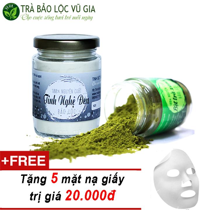 Combo Bột Trà Xanh + Tinh Nghệ Đen - Nguyên Chất Vũ Gia (100g/hũ) + Tặng 5 Mặt nạ giấy - Đắp mặt nạ dưỡng da, xóa mờ thâm nám tàn nhang hiệu quả - Đã được kiểm nghiệm y tế