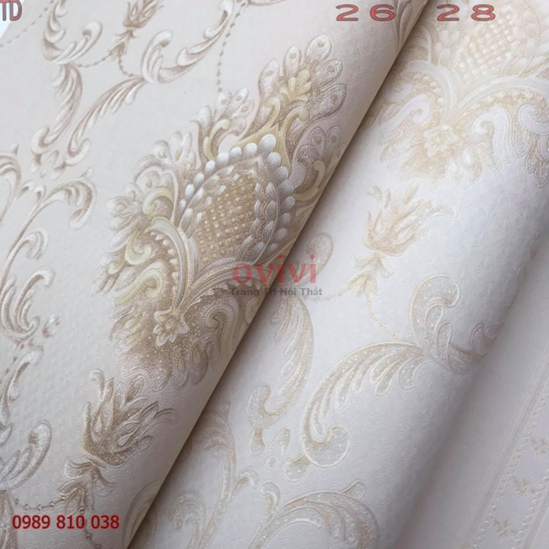 Giấy Dán Tường Hoa Văn Châu Âu, In Nổi 3d, Phòng Khách, Phòng Ngủ, Khổ 10m x 53 cm, Màu Vàng, Màu Trắng