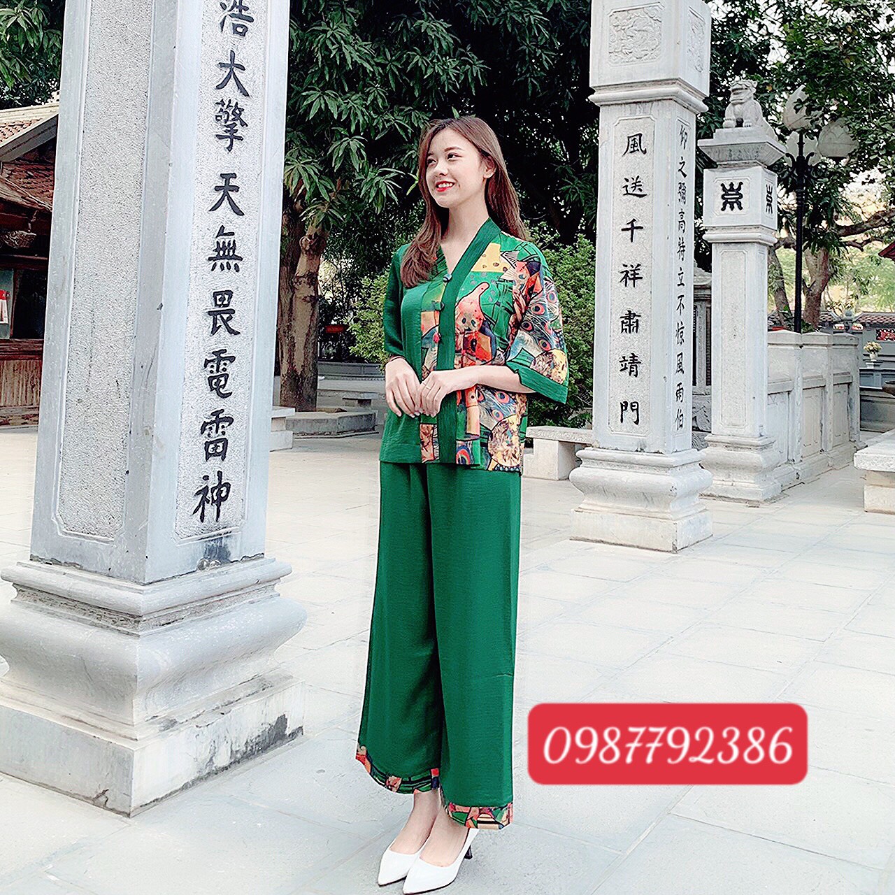 Set bộ phật tử thiết kế đi chùa chất lụa vân gỗ